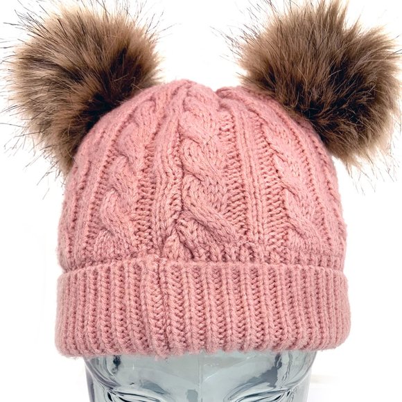 FAS Jeans Girls Winter Fitted Knit Beanie Hat with Faux Fur Pom-Pom Ears - Picture 1 of 11